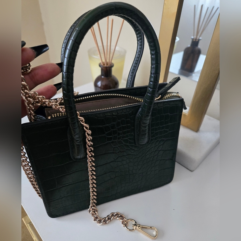 H&M Dark Green Croc-Embossed Mini Bag with Gold Chain